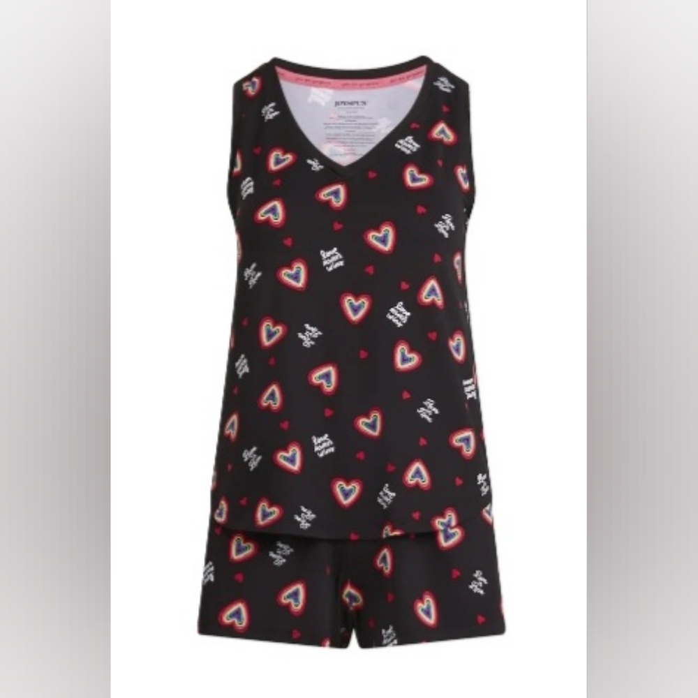 Black Heart Print Women's Sleepwear Set, Various Sizes
